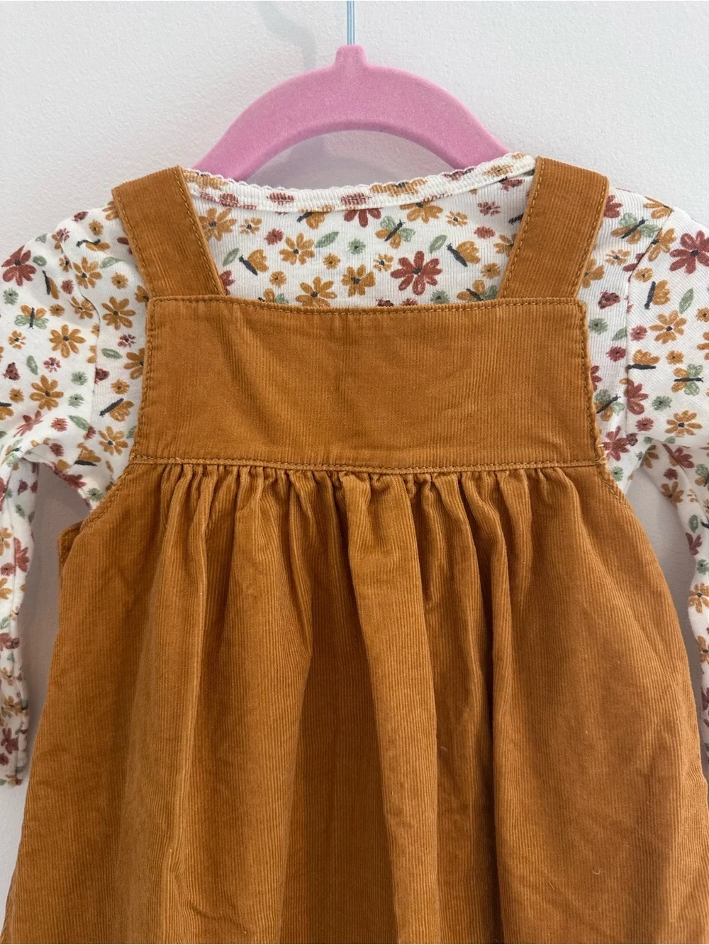 Carter’s Baby Girl Brown Corduroy Pinafore Dress with Floral Long Sleeve Onesie